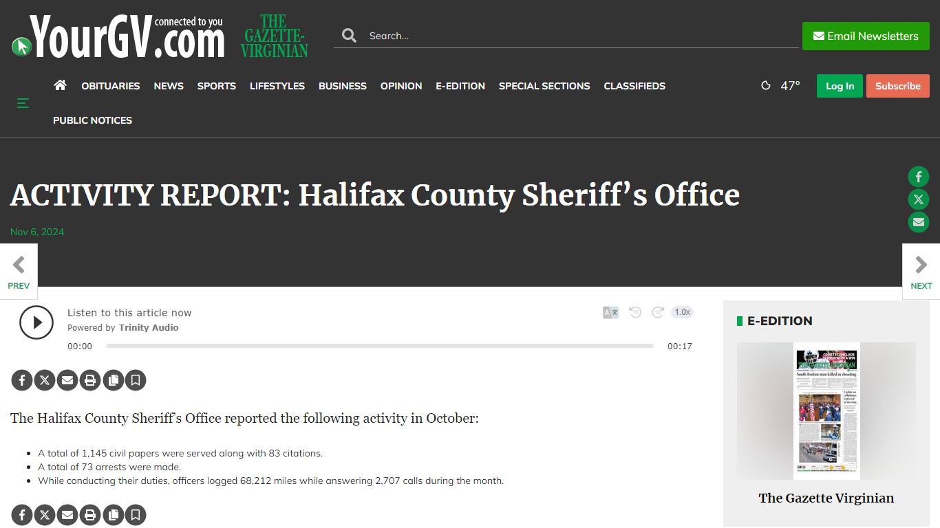 ACTIVITY REPORT: Halifax County Sheriff’s Office